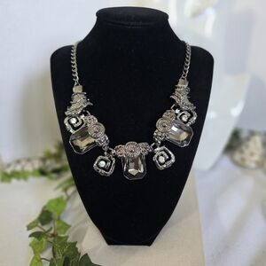 Oxidized Silver Statement Necklace with Smokey Grey Crystal Stones